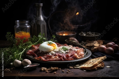 A breakfast plate with bacon, eggs, toast, amidst a smoky, rustic setting.