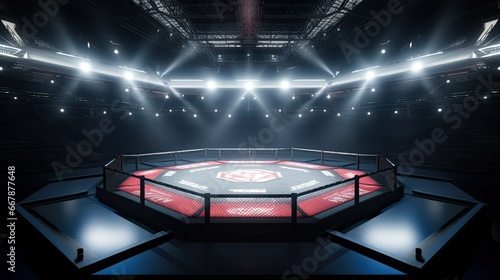 Octagon ring for MMA, boxing and mixfight classes. Sports arena and spotlights. Stadium for shows photo