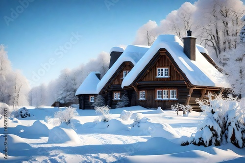 A cozy house nestled amidst a pristine snowscape, exuding warmth and comfort as it stands surrounded by a soft, powdery blanket of snow, creating a picturesque scene of wintertime tranquility.