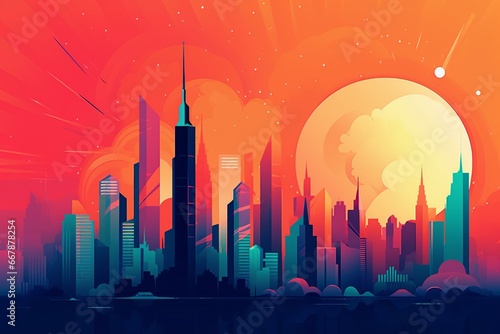 A vibrant cityscape with a modern building and a rocketship in the distance, against a bright orange and blue background. Generative AI