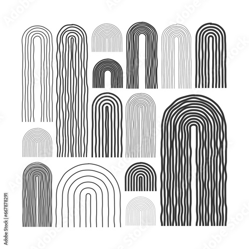 Mid century arch elements, modern geometric shapes. Contemporary design, minimalist art. Hand drawn lines. Trendy design elements for wall decor, posters, books and covers. Vector illustration