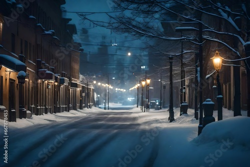 A charming winter scene of a street covered in a blanket of snow, creating a serene and picturesque view of the season.