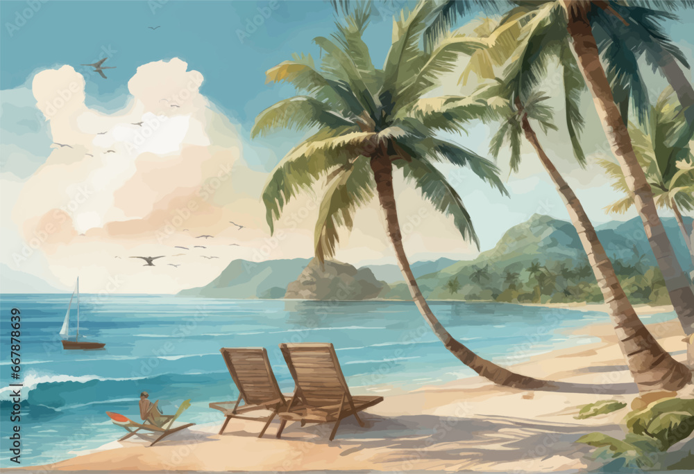 tropical beach with palm tree tropical beach with palm tree tropical beach with palm trees and white clouds, 3d illustration