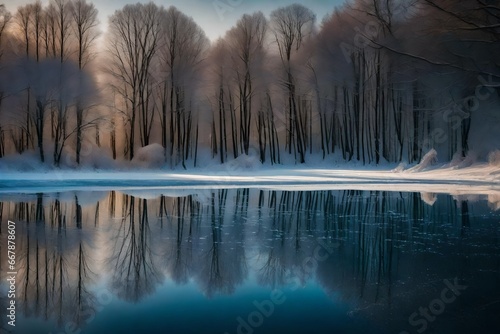A serene image capturing the reflection of trees in calm, glistening water, creating a tranquil and picturesque scene.