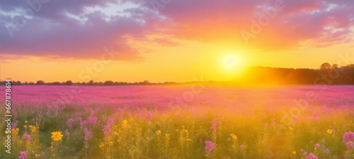 Countryside landscape with flowers and sun. Generative AI. photo