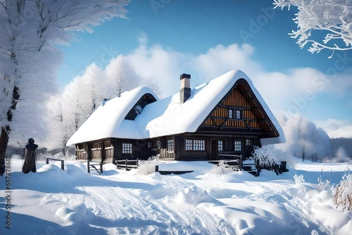 A charming house nestled in a pristine snowy landscape, evoking the serene beauty of winter's embrace.