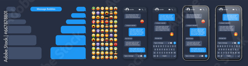 Smartphone messaging app, user interface with emoji. SMS text frame. Chat screen, blue message bubbles. Texting app for communication. Social media application. Dark mode. Vector illustration
