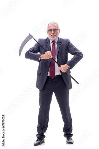 Old businessman holding scythe isolated on white