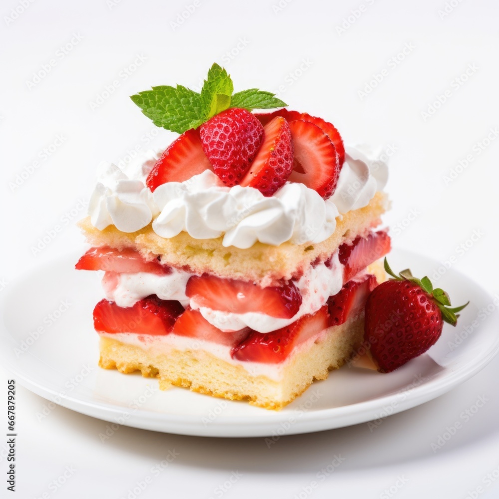 A piece of cake with whipped cream and strawberries. Photorealistic, on white background A piece of cake with whipped cream and strawberries. Photorealistic, on white background