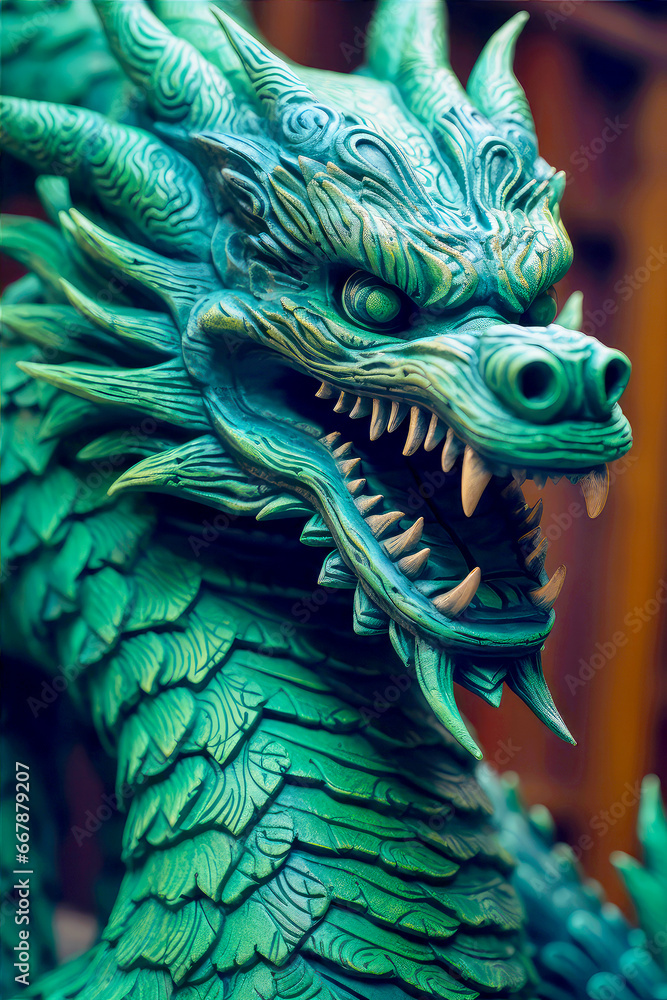 Green Chinese dragon wooden sculpture. Sign of Chinese New Year 2024. Mythological creature. Green fantasy dragon.
