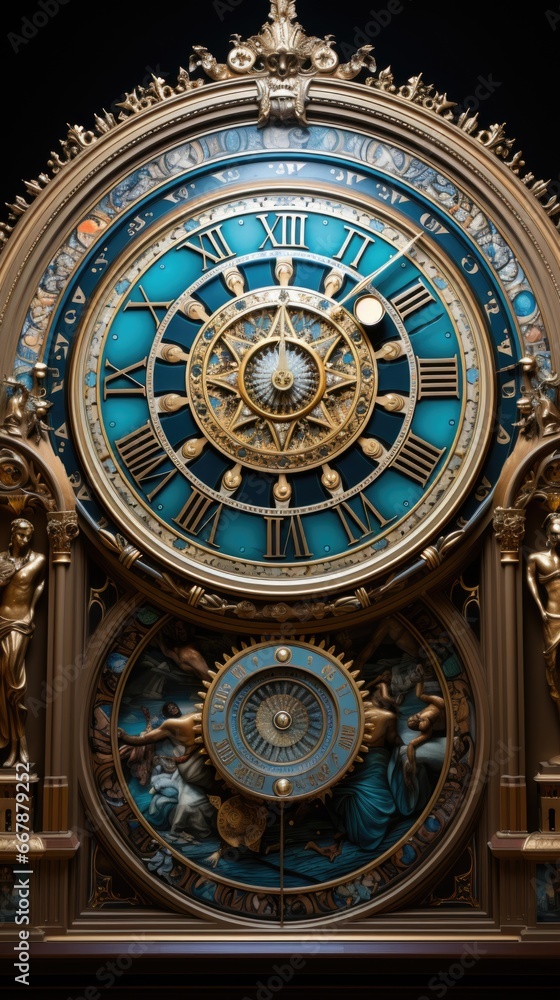 A gold clock with blue roman numerals on it. AI image. Imaginary astrological clock.