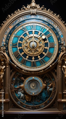 A gold clock with blue roman numerals on it. AI image. Imaginary astrological clock.