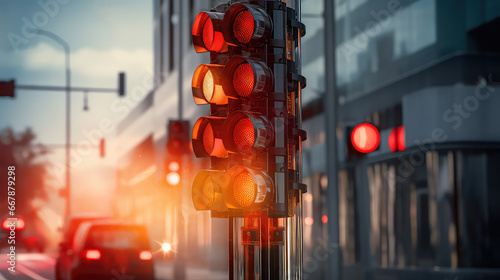 Red traffic light. Creative concept of road safety, traffic rules and road accidents. 