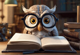 owl reading a book. 3d rendering.owl reading a book. 3d rendering.owl with books and glasses. 3d illustration.