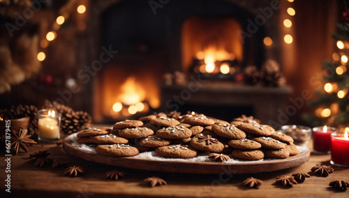 Biscotti di pan di zenzero con atmosfera natalizia, caminetto e luci di Natale photo