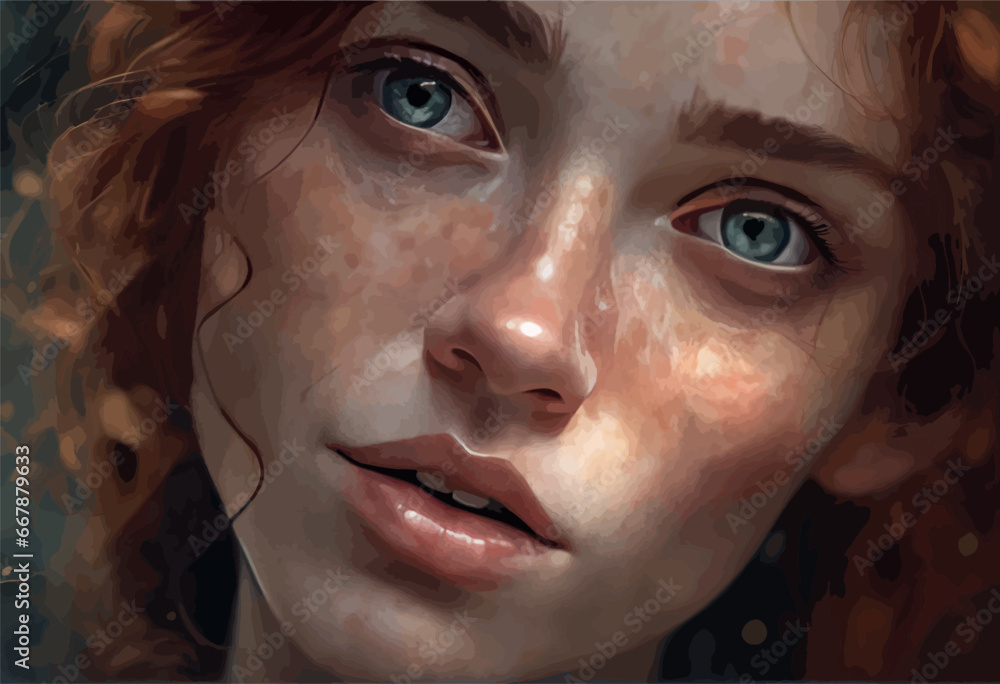 digital illustration of a beautiful girl with a brown hair in a dark ...