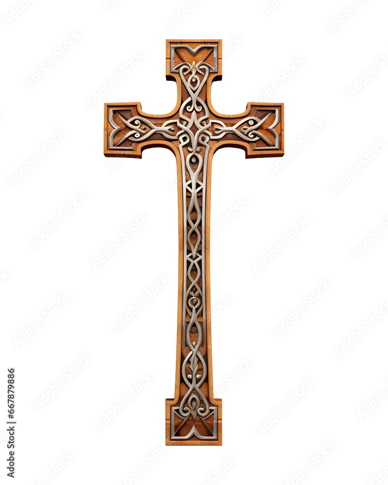 Wooden Engraved Catholic Crucifix Cross symbol isolated on a transparent background, AI