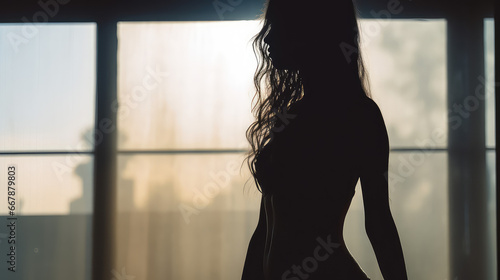 Young woman silhouette near the window. Dark silhouette of a girl. 