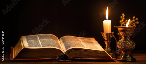 Vászonkép Table holds lit shabbat candles siddur Jewish customs 249