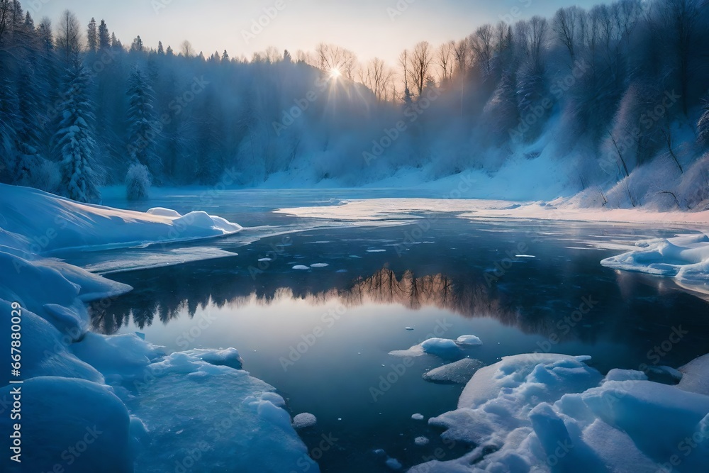 A stunning winter morning as the sun rises over a frozen lake, casting a warm and serene glow on the icy landscape.