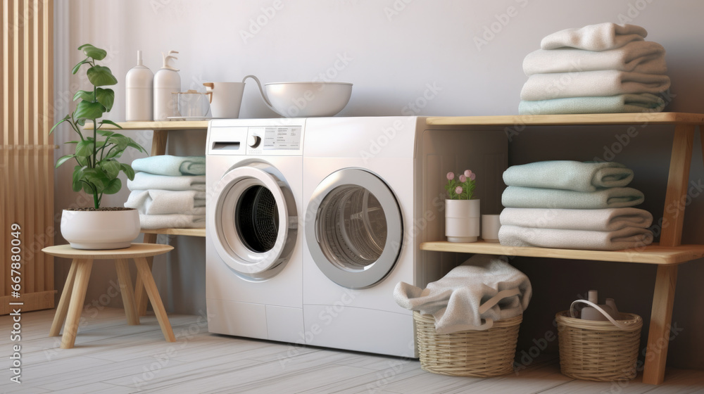 Interior of laundry room with washing machine, basket and rack Interior of laundry room with washing machine, basket and rack