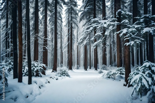 A magical winter forest adorned in a pristine blanket of snow, evoking a sense of enchantment and tranquility. © muhammad