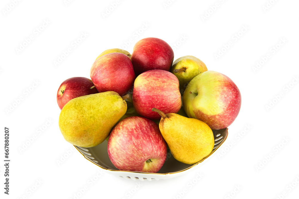 Apples and pears in a plate isolated on a white. Apples and pears in a plate isolated on a white.