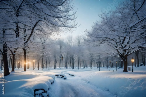 Explore the serene beauty of a winter landscape in the park, where nature's splendor is cloaked in a blanket of snow.