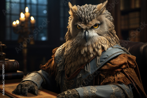A wise owl, dressed as a judge in a distinguished robe, presides over a court of animal disputes. Generative Ai.