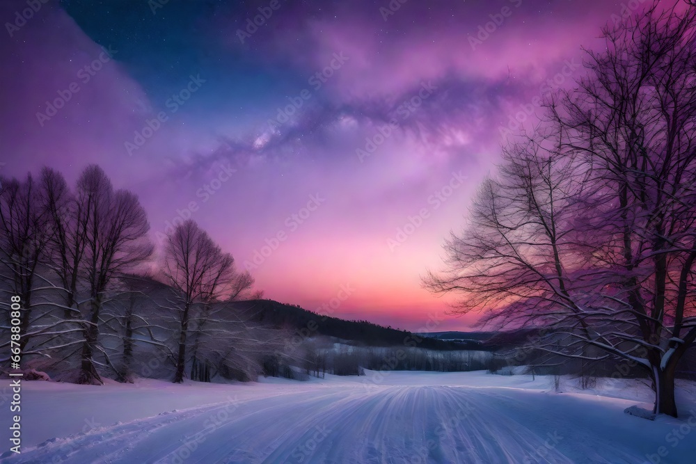 beautiful evening in mountains with purple sky