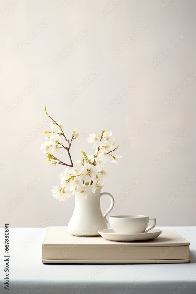 A white vase filled with white flowers sitting on top of a book. A white vase filled with white flowers sitting on top of a book.