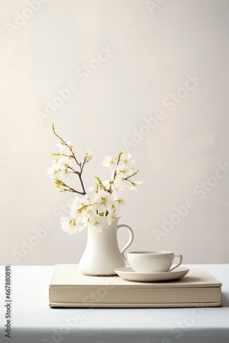 A white vase filled with white flowers sitting on top of a book.