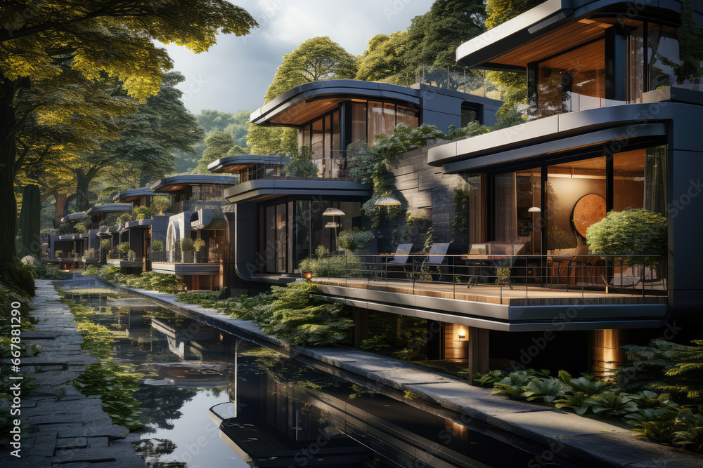 A sustainable housing project designed to reduce environmental impact while ensuring housing security. Concept of eco-friendly housing. Generative Ai.