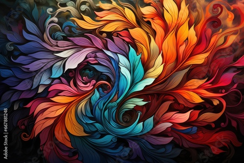 A multicolored painting of leaves and swirls. AI image.