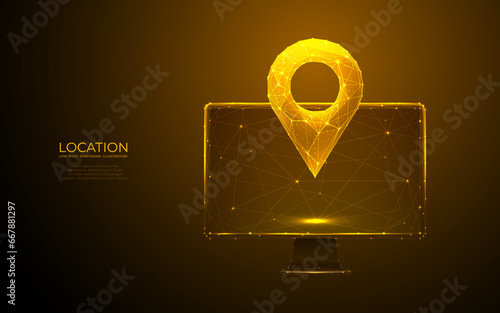 Abstract GPS pin on computer monitor screen. Digital location pin. Low poly wireframe vector illustration in futuristic style with golden glitter. Polygonal vector illustration with 3D effect