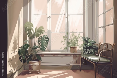 An interior with a potted plant and a seat near a large window. Generative AI