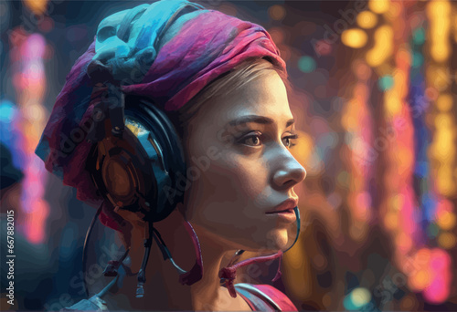portrait of young beautiful woman in headphones and colorful neon light portrait of young beautiful woman in headphones and colorful neon light 3d illustration - a beautiful woman wearing a headphones