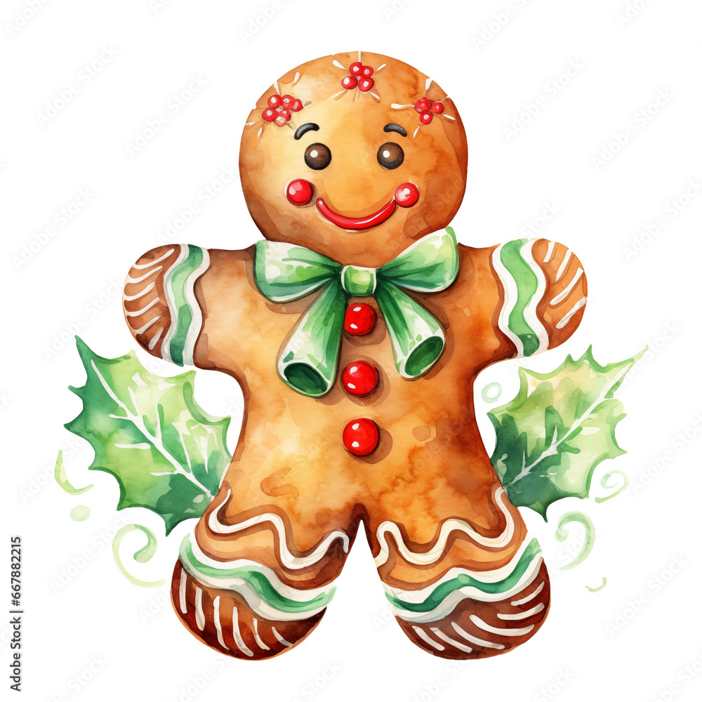 Watercolor Christmas gingerbread man with red and green frosting and Christmas decoration, clipart with transparency available.