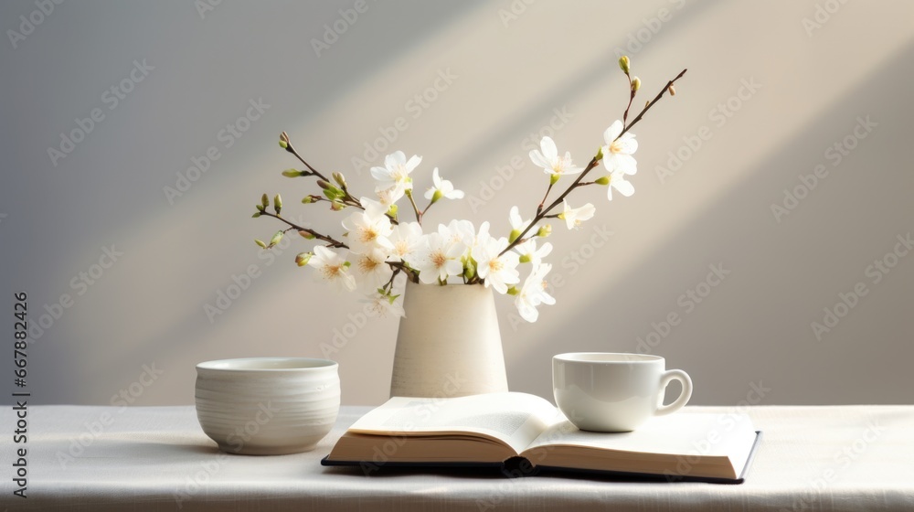 A book and a cup on a table. A book and a cup on a table.