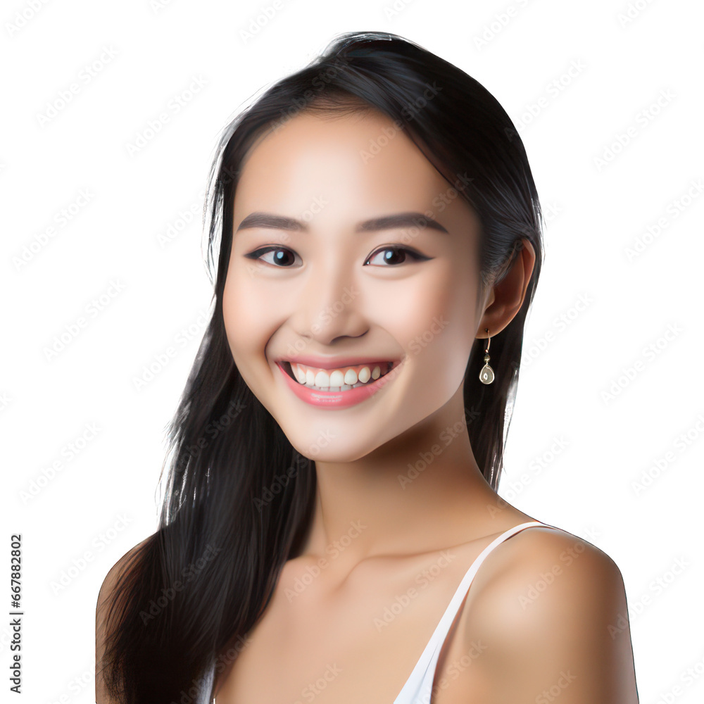 Portrait of a beautiful young asian model woman smiling with clean teeth isolated on white created with Generative AI Portrait of a beautiful young asian model woman smiling with clean teeth isolated on white created with Generative AI