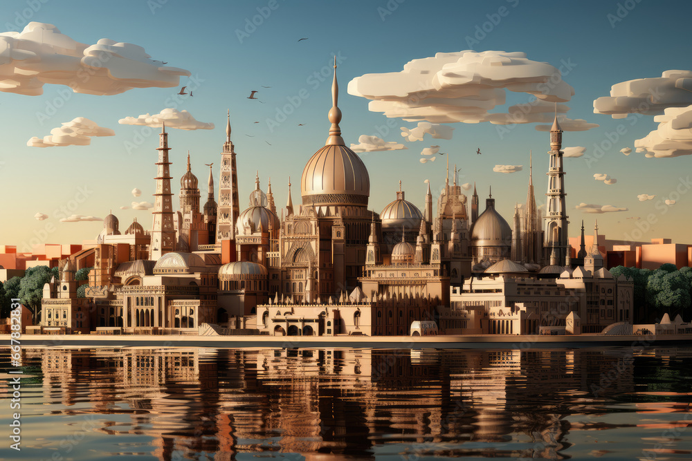 Fototapeta premium A montage of global landmarks and iconic buildings, representing international cultural heritage and architectural collaboration. Generative Ai.