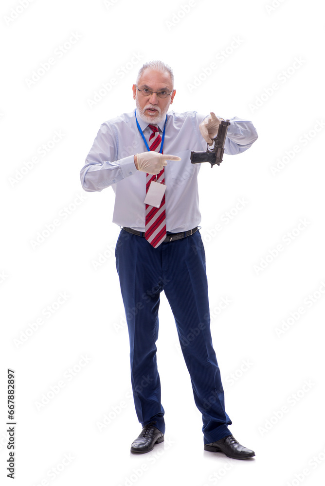Old criminologist isolated on white Old criminologist isolated on white