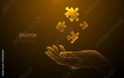 Digital puzzle hologram on a hand. Success solution concept. Human palm-holding puzzle. Abstract jigsaw pieces. Low poly wireframe vector illustration in futuristic style with golden glitter. 