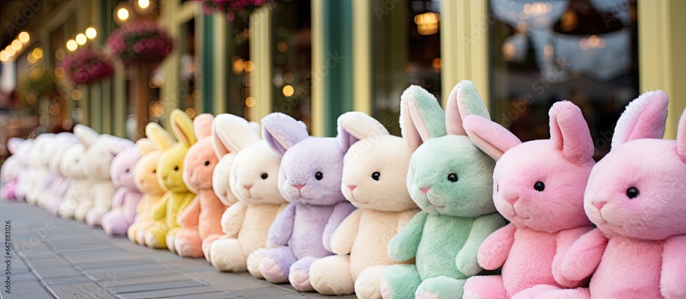 Pastel Easter bunny plush toys showcased outside toy shop