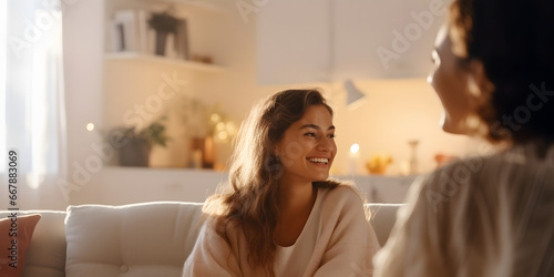 friends talking and smiling in the living room of their house