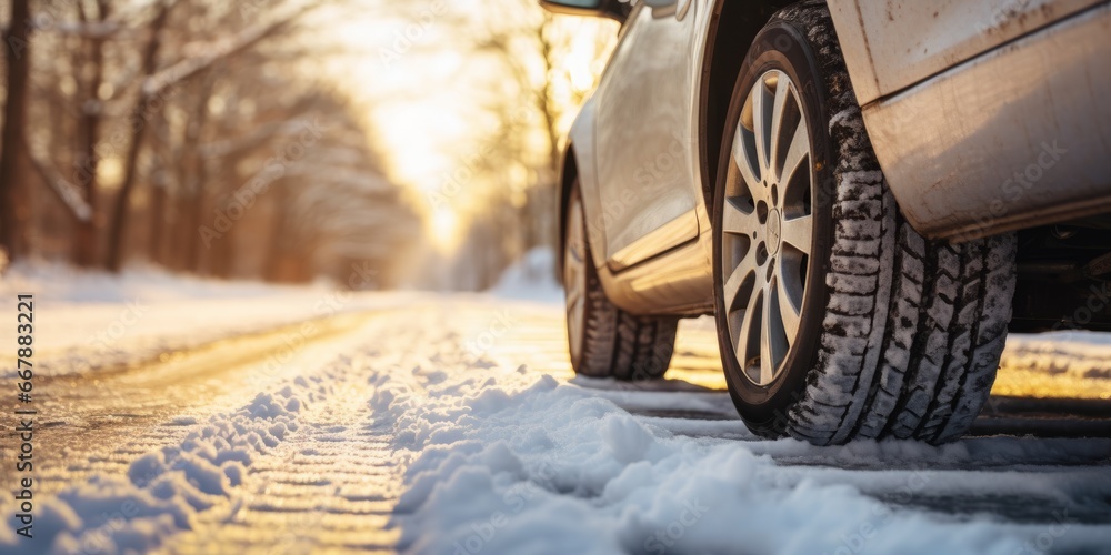 Closeup of car tires in winter on the road covered with snow - obrazy, fototapety, plakaty 