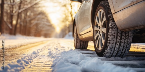 Closeup of car tires in winter on the road covered with snow photo