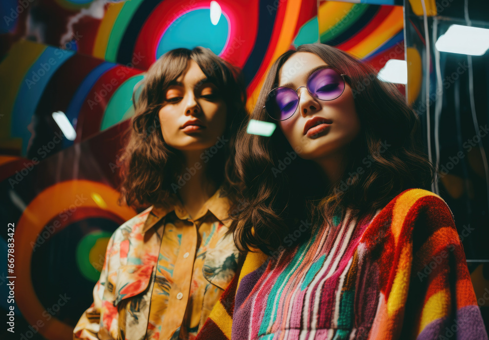 Two women in colorful clothing standing in front of a colorful wall. Post-'70s ego generation.