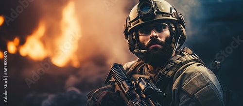 Soldier with a beard in special forces uniform engaged in perilous mission in enemy territory Focus on specific details