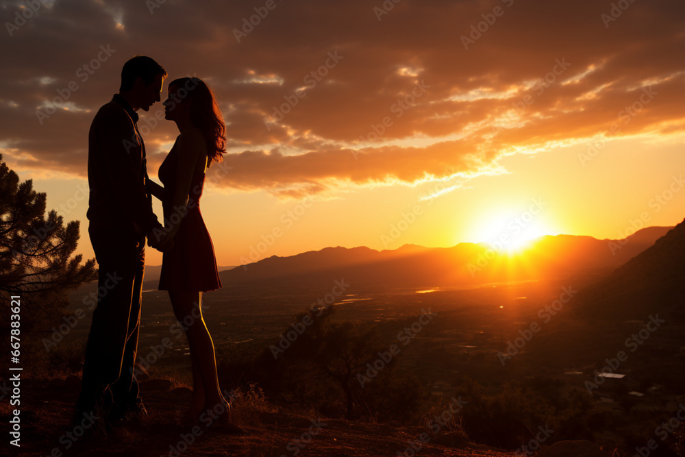 silhouette of a couple walking on the sunset